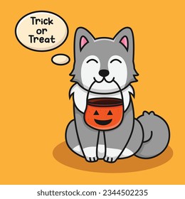 Isolated cute dog with pumpkin basket for Halloween sweets . Trick or treat dog illustration. Vector image in cartoon style. It can be used for phone case, poster, t-shirt, mug and other design.