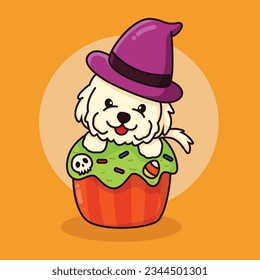 Isolated cute dog sitting on a Halloween cupcake. Happy Halloween illustration. Vector image in cartoon style. It can be used for logo, mascot, phone case, poster, t-shirt, mug and other design.