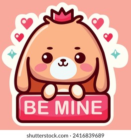 Isolated cute doggy girl with a crown on her head and the inscription be mine in her paws. Sticker, icon for banner, cards for Valentine's day.