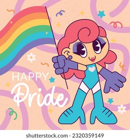 Isolated cute drag queen holding LGBT flag Pride month Vector illustration