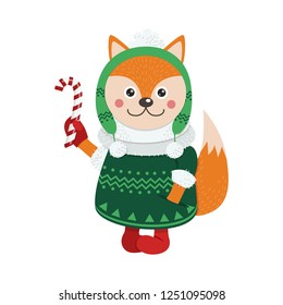 Isolated cute fox is dressed in winter clothes. Vector illustration for your design