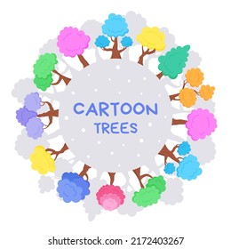 Isolated cute frames made of colored trees. Set of bright cartoon trees for print, kids development. Varieties of ornamental colored trees, flat design