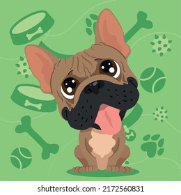 Isolated cute french bulldog dog character on a pet toys background Vector