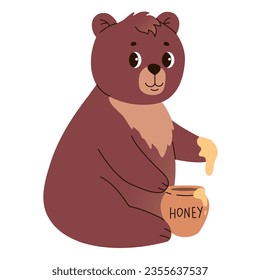 Isolated cute funny bear with pot of honey in flat vector style on white background. Woodland life. Forest animal.