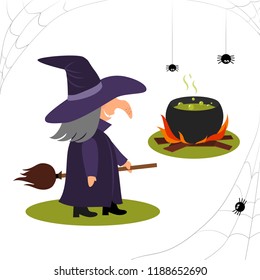 Isolated cute funny cartoon witch with cauldron on white background. Halloween illustration.