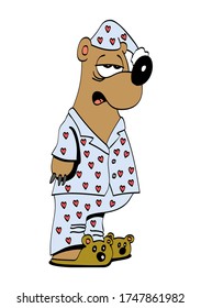 Isolated cute funny sleepy bear standing and wearing a pijama. Cartoon style character vector illustration.