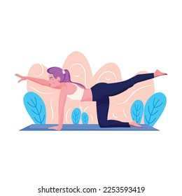 Isolated cute girl character doing yoga on a natural environment Vector