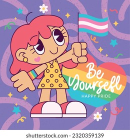 Isolated cute girl chibi character holding a flag Proud month Vector illustration
