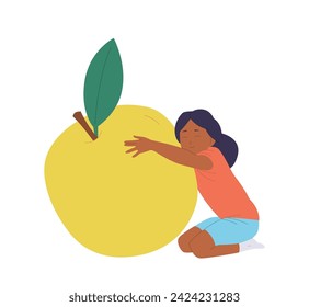 Isolated cute girl child cartoon character feeling loving emotion hugging fresh ripe yellow apple