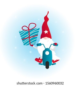 Isolated cute gnome with Christmas gift ride a scooter. Going celebrating holiday. Winter vector illustration with snow