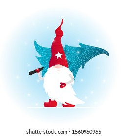 Isolated cute gnome with Christmas Tree. Going celebrating holiday. Winter vector illustration