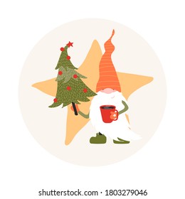 Isolated cute gnome with Christmas Tree and cup of hot cup of coffee, cacao, tea. Going celebrating holiday. Winter vector illustration