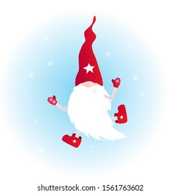 Isolated cute gnome jump. Funny character for winter card, poster, print background. Vector Illustration