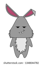 Isolated cute gray rabbit in standing pose white background in cartoon flat style.