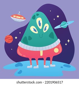 Isolated cute green alien character with three eyes Vector