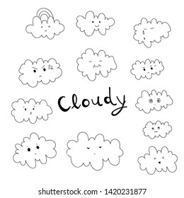 Isolated cute hand drawn emotional clouds set illustration on white background