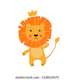 Isolated cute hand drawn lion with crown. King animal in scandinavian style for baby shower card, birthday, poster. Print illustration in vector