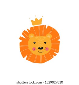 Isolated cute hand drawn lion with crown. King animal in scandinavian style for baby shower card, birthday, poster. Print illustration in vector