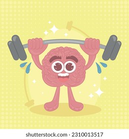 Isolated cute happy brain cartoon character doing weightlifting Vector illustration