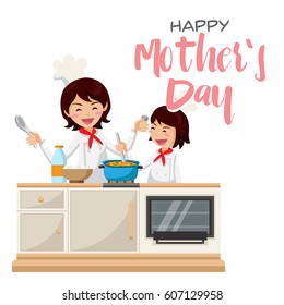 Isolated Cute Happy Mother's Day Mom And Daughter Baking Activities Illustration, Suitable For Social Media, Print, Web Banners, Decoration, Invitation and Other Mother's Day Related Activities
