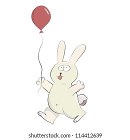 Isolated cute happy rabbit playing with helium balloon. Vector image.