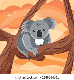 Isolated cute koala hanging on a tree branch Vector