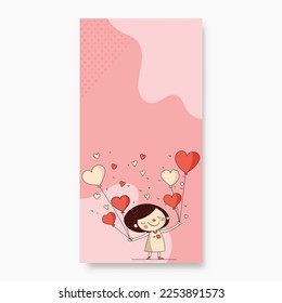 Isolated Cute Little Girl Holding Heart Shape Balloons On Pastel Pink Fluid Background And Copy Space. Love Or Valentine's Day Concept.