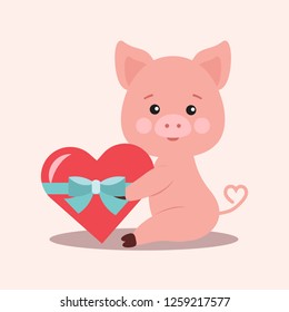 Isolated Cute Little Romantic Pink Pig With Gift In A Shape Of Red Heart Tied With A Blue Ribbon In Cartoon Flat Style. Vector Illustration.