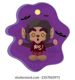 Aislado personaje masculino lindo en traje de hombre lobo en afiche de Halloween Vector