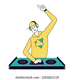 Isolated cute male dj character playing electronic music Vector