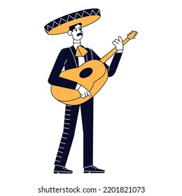 Isolated cute male mariachi character playing guitar Vector