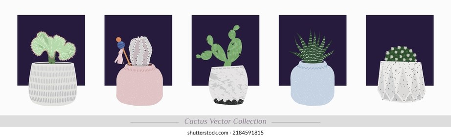 Isolated cute mini pastel potted cactus vector illustration set on night window background. Minimalistic home decor succulent vases with textures. Editable graphic collection.
