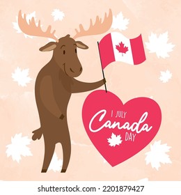 Isolated cute moose cartoon holding a canada flag Happy Canada Vector