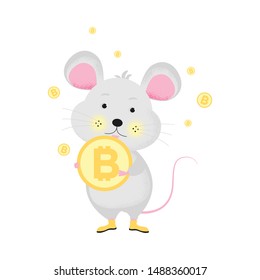 Isolated cute Mouse with bitcoin. Crypto future money icon. Background,  t-shirt composition, handmade, poster, web vector illustration