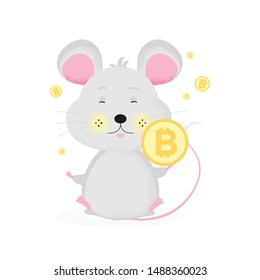 Isolated cute Mouse with bitcoin. Crypto future money icon. Background,  t-shirt composition, handmade, poster, web vector illustration
