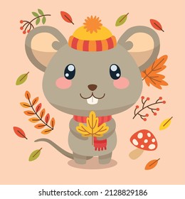 Isolated Cute Mouse Character With A Hat Holding An Autumn Leaf Vector