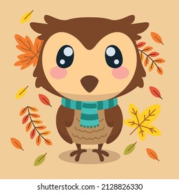 Isolated cute owl character with a scarf autumn background Vector
