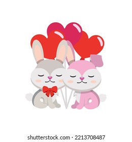 Isolated cute pair of rabbits with air balloons Valentine day Vector