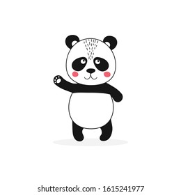 Isolated cute panda character waving. Funny kid animal in scandinavian style. Kawaii wild bear for baby shower party, holiday, poster, card. Vector Illustration 