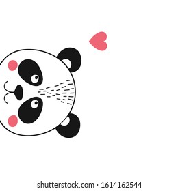 Isolated cute panda face with heart 
peeping to the left. Bear animal in scandinavian style for logo, baby shower card, birthday, poster. Print illustration in vector