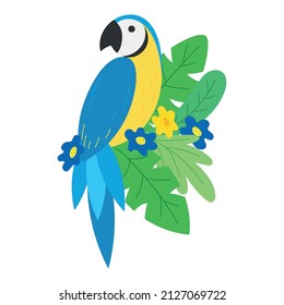 Isolated cute parrot on flowers and leaves Vector