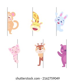 Isolated cute peeping animals. Set of domestic and wild, cartoon animals for print, child development. Flat vector fluffies