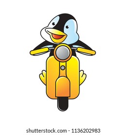 isolated cute penguin riding scooter happily with smile vector illustration