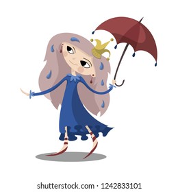 Isolated cute princess in a crown and a blue dress with pink hair with rain drops in it holding an umbrella. Pastel colours. White background. Flat cartoon style vector illustration.