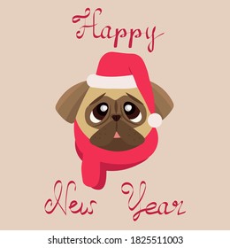 Isolated cute pug in Santa Claus hat and with a red scarf. Hand written lettering Happy New Year