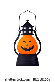 Lámpara de calabaza linda aislada. Iluminador de personaje de dibujos animados divertidos. Icono tradicional de Halloween en estilo moderno plano. Etiqueta de silueta de otoño. Ilustración del vector