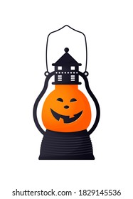 Isolated cute pumpkin lamp. Vector funny cartoon character illuminator. Traditional halloween icon in modern flat style. Autumn silhouette sticker. Vector illustration