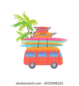 Aislado lindo retro Naranja bus Maletas rojas amarillas Tablas de surf multicolores Palmera tropical Vector plano impresión de verano póster ropa de póster papel