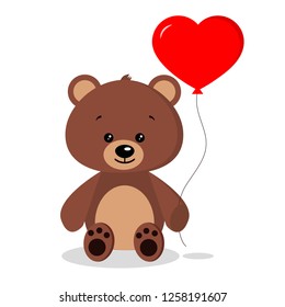 Isolated cute romantic brown bear with red balloon in sitting pose on white background in cartoon flat style. Vector illustration. 