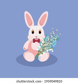 Isolated cute romantic elegant pink bunny rabbit with bouquet of willow, forget-me-nots and lily of the valley on blue background in flat cartoon style. Vector holiday character illustration.